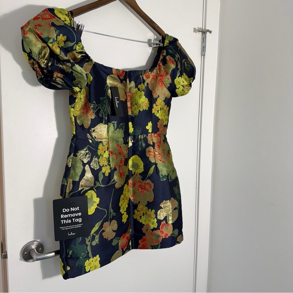 Lulus So Stunning Navy Blue Floral Jacquard Puff Sleeve Mini Dress - Picture 13 of 13